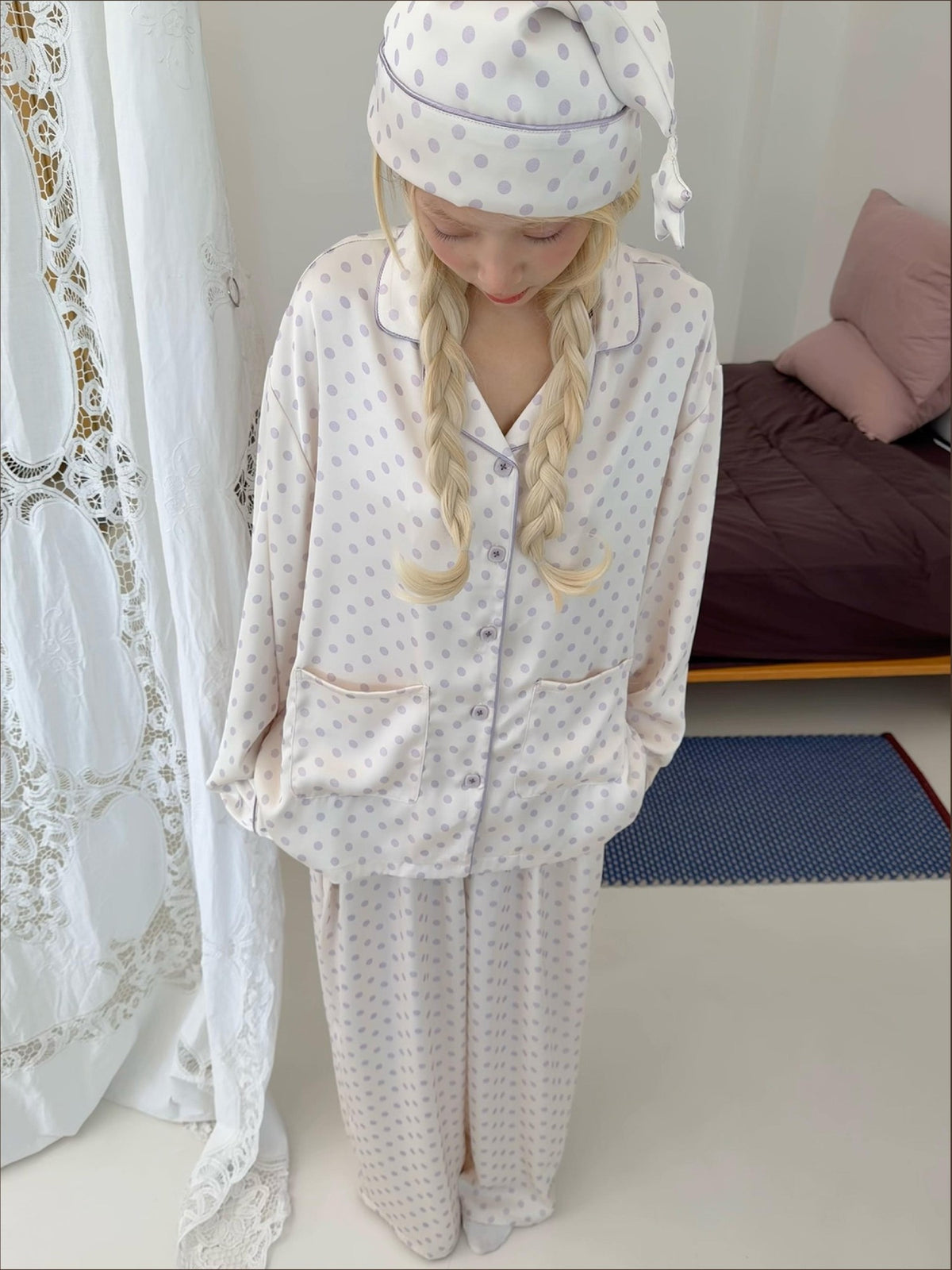 chaoschaos Purple Floral Polka Dot Button Front Collar Women&