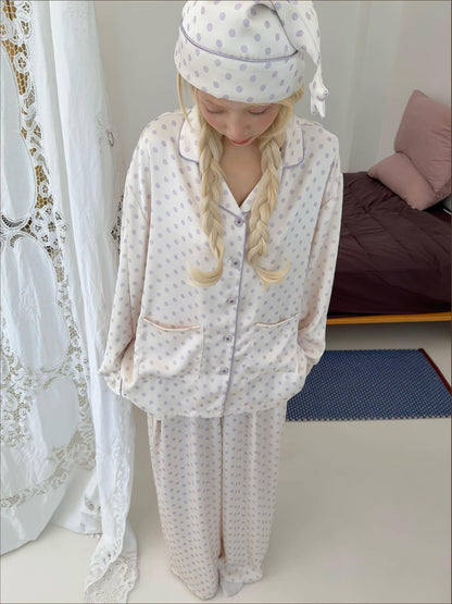 chaoschaos Purple Floral Polka Dot Button Front Collar Women&