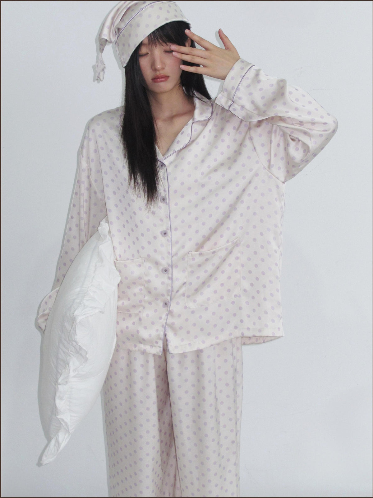 chaoschaos Purple Floral Polka Dot Button Front Collar Women&