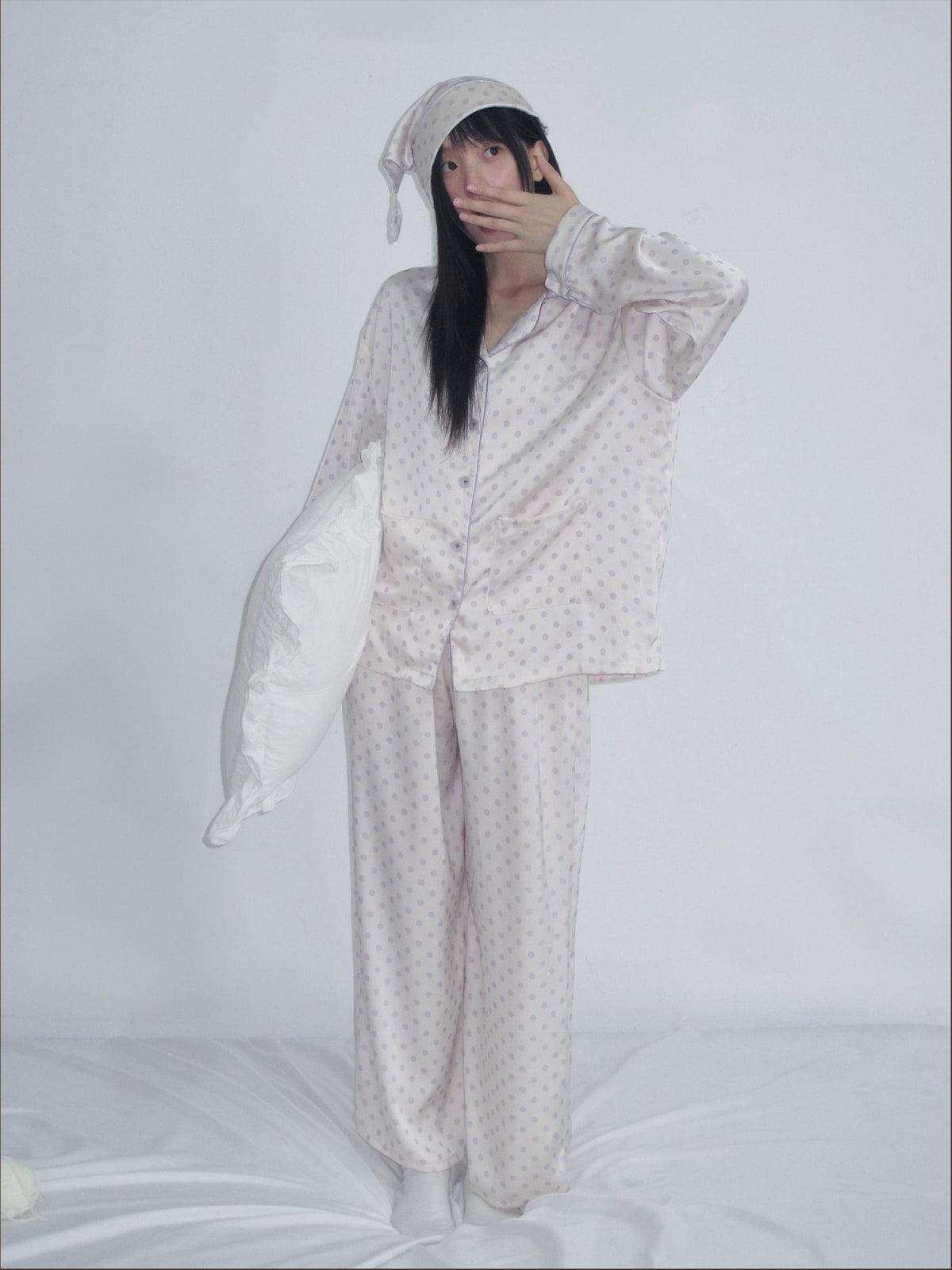 chaoschaos Purple Floral Polka Dot Button Front Collar Women&