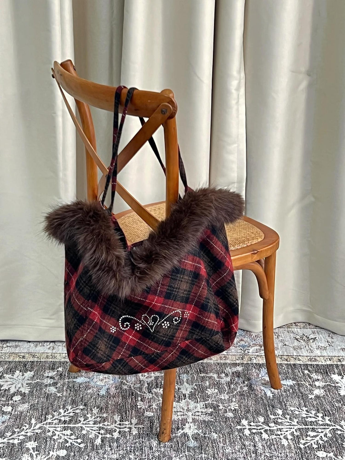 chaoschaos Red Plaid Wool Detachable Strap Large Capacity Women&