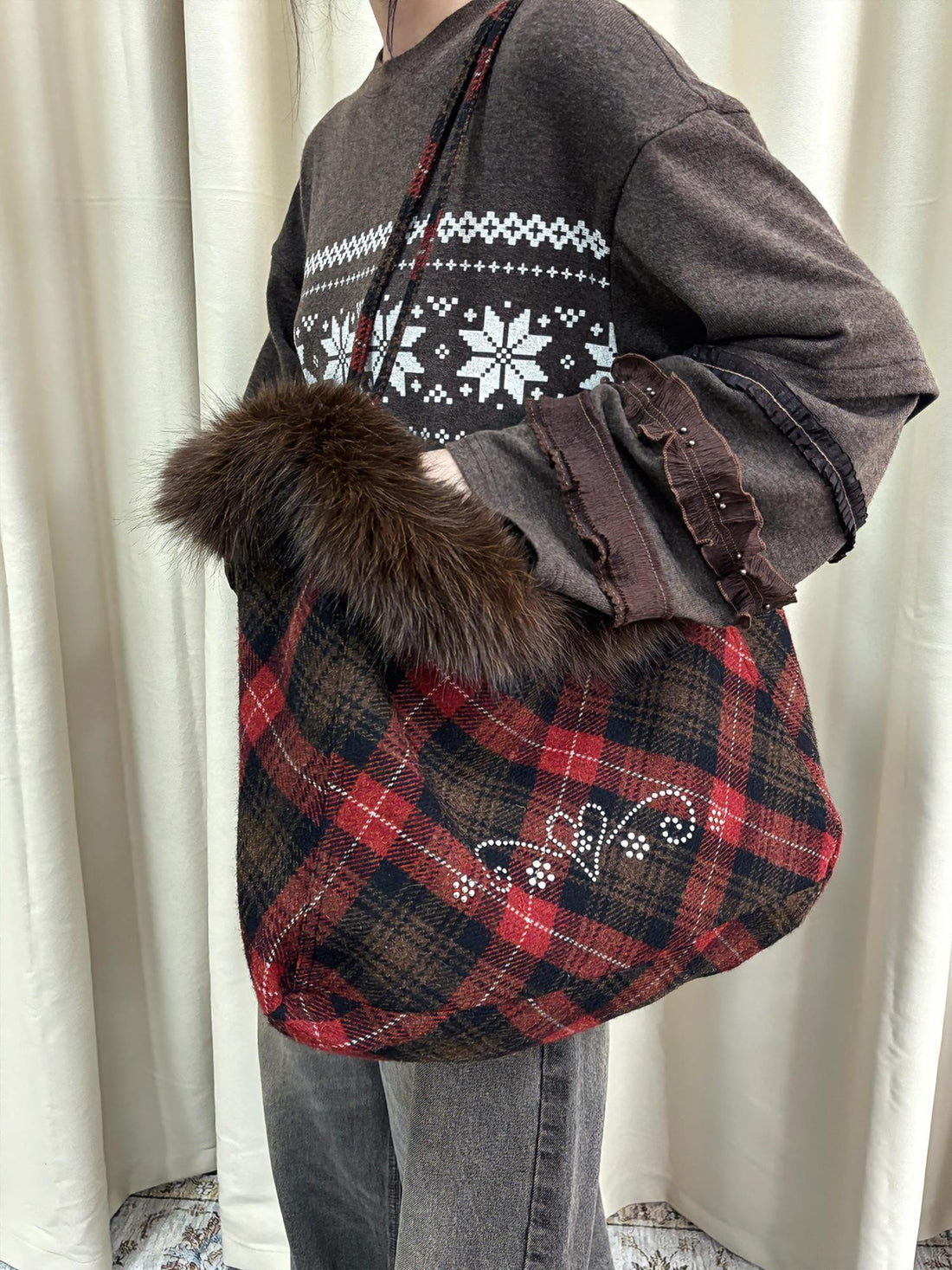 chaoschaos Red Plaid Wool Detachable Strap Large Capacity Women&