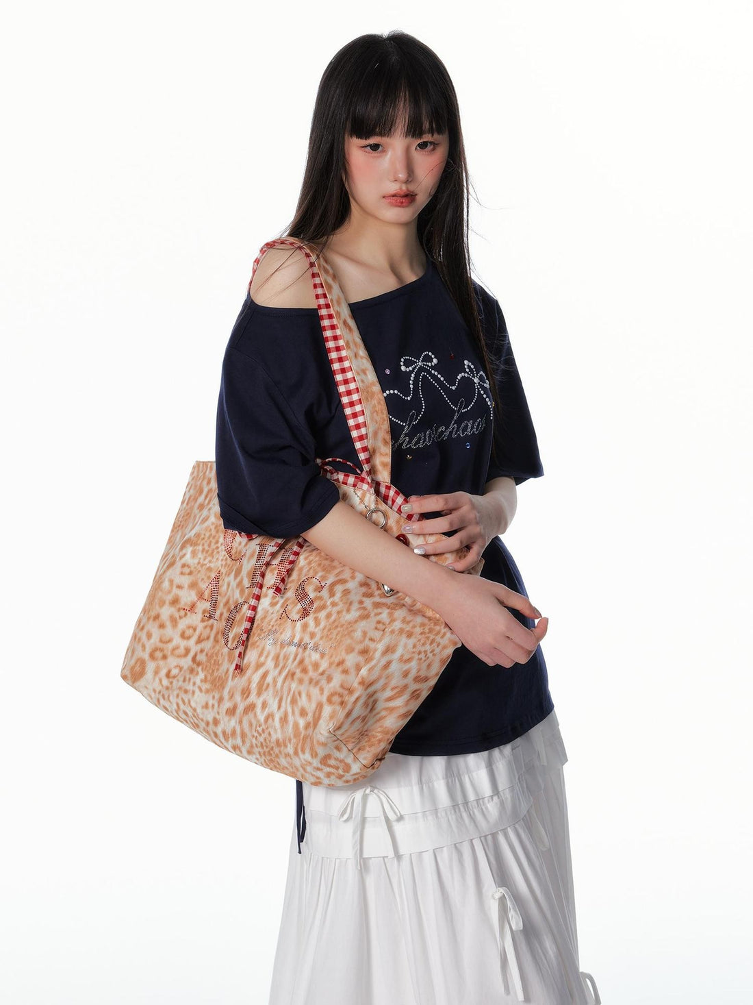 chaoschaos Rhinestone Leopard Plaid Patchwork Reversible Large Tote Women&