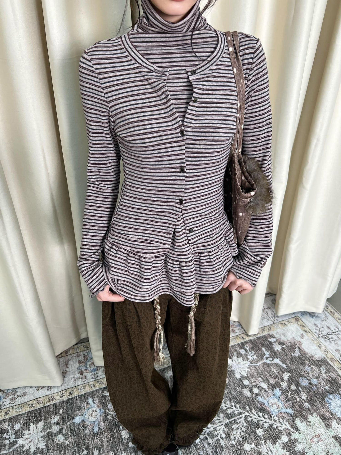 chaoschaos Striped High Neck Ruffled Patchwork Slim Fit Women&