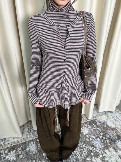 chaoschaos Striped High Neck Ruffled Patchwork Slim Fit Women&