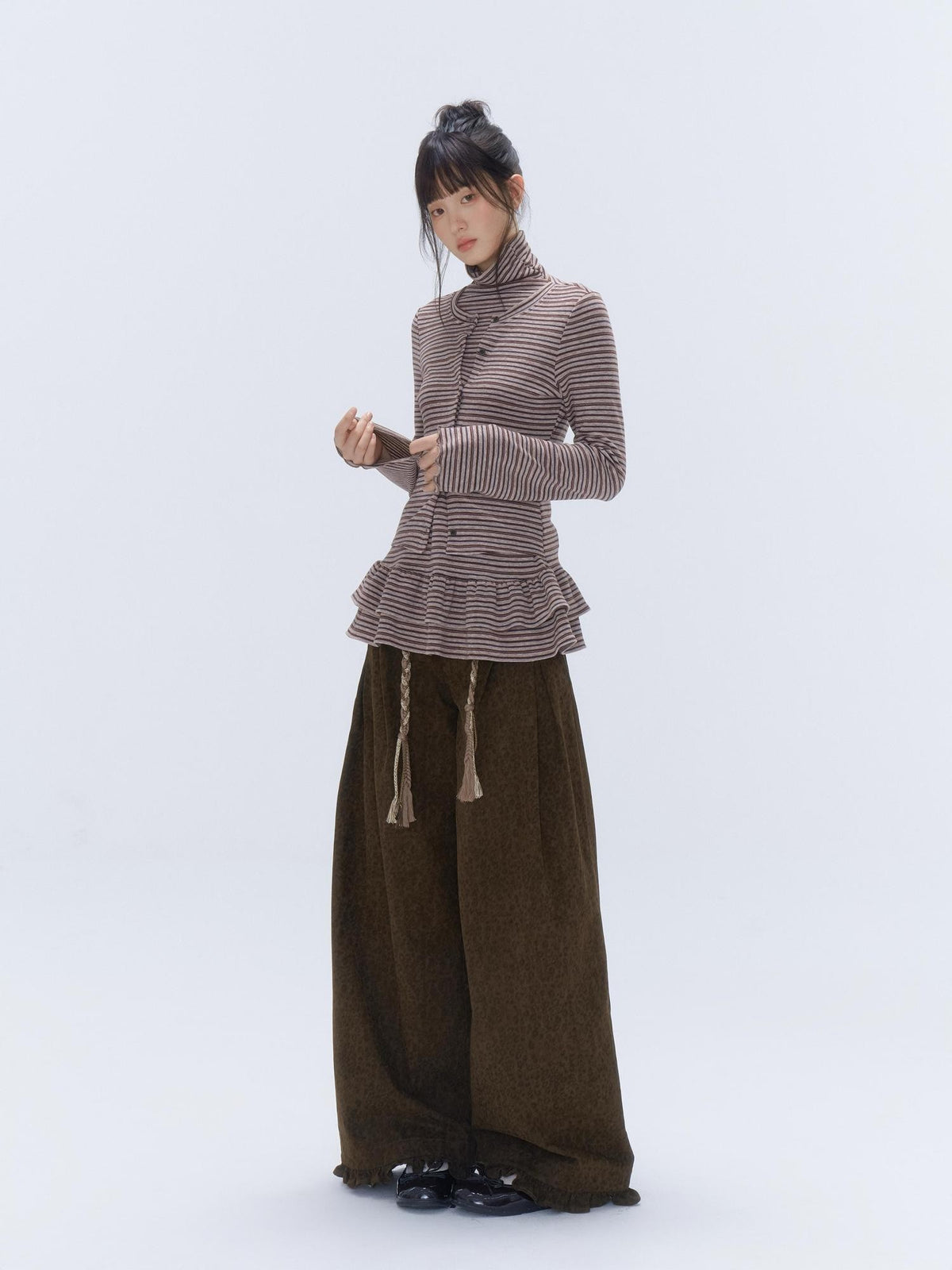 chaoschaos Striped High Neck Ruffled Patchwork Slim Fit Women&