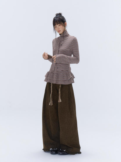 chaoschaos Striped High Neck Ruffled Patchwork Slim Fit Women&