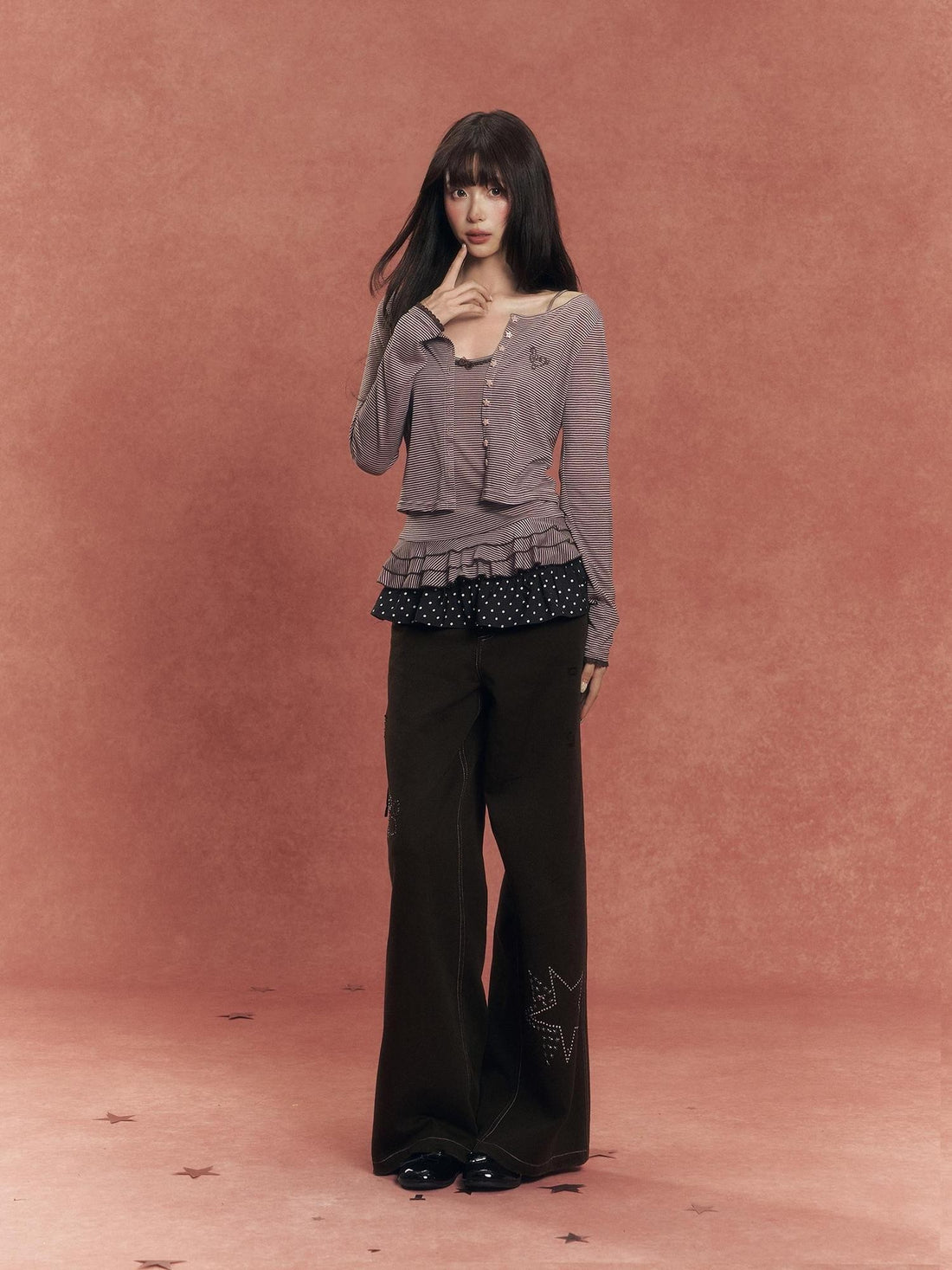 chaoschaos Striped Lace Trim Two Piece Slim Fit Women&
