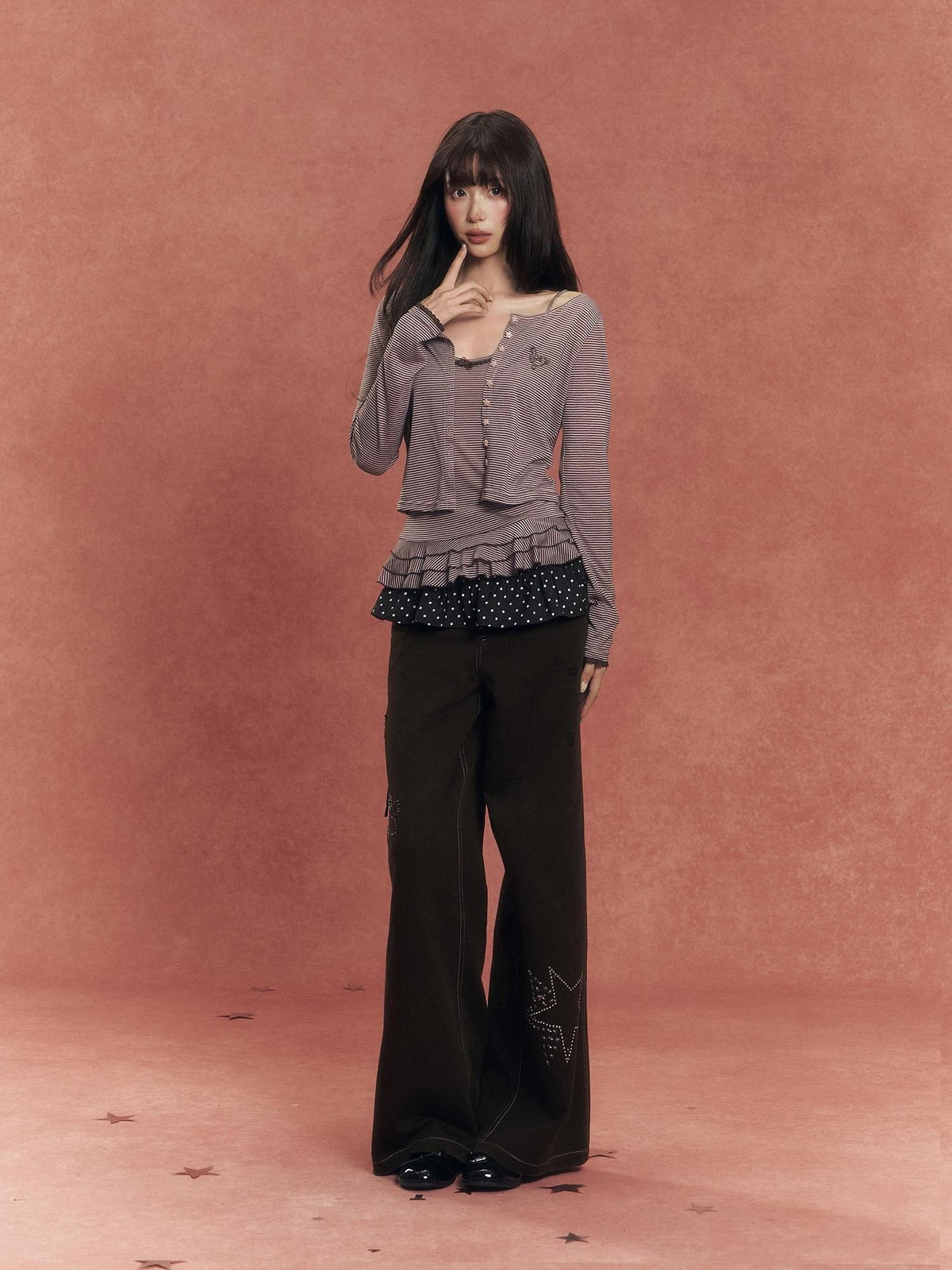 chaoschaos Striped Lace Trim Two Piece Slim Fit Women&