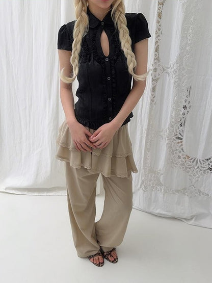chaoschaos Sweet Ruffle Stand Collar Straight Fit Polyester Women&