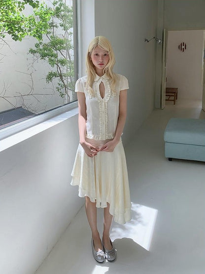 chaoschaos Sweet Ruffle Stand Collar Straight Fit Polyester Women&