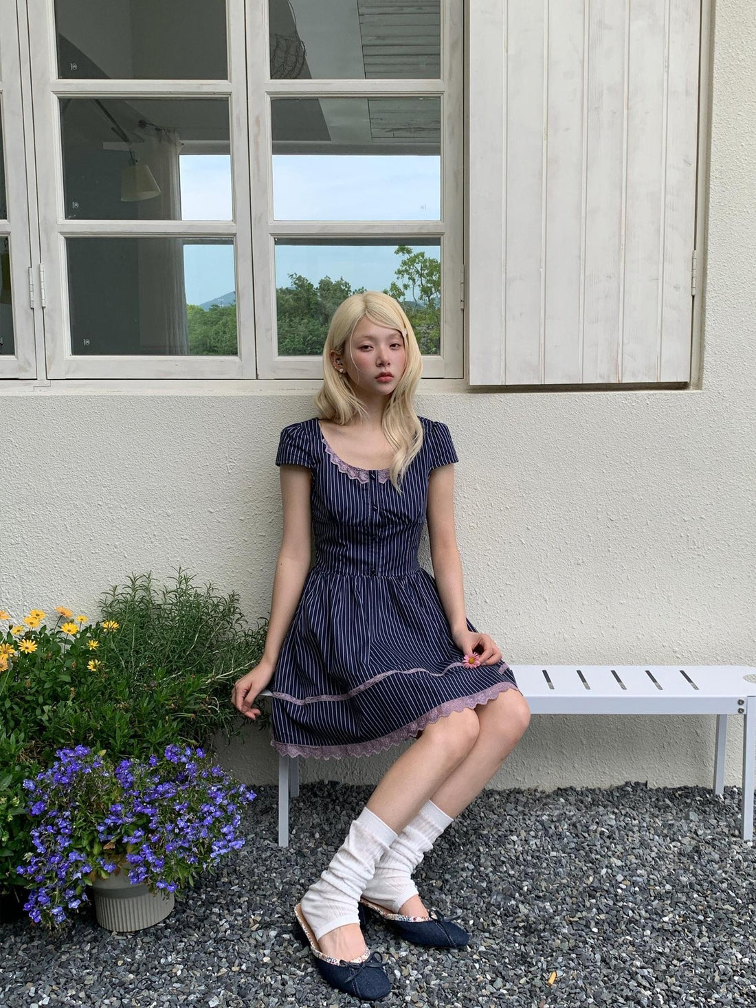 chaoschaos Sweet Striped Puff Sleeve Cinched Waist A Line Women&