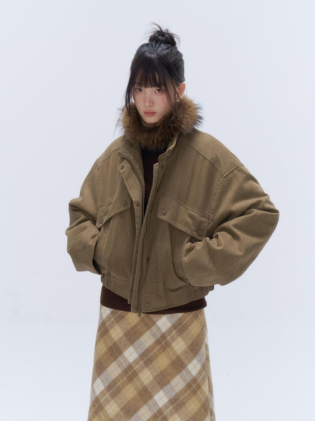 chaoschaos Vintage Distressed Utility Stand Collar Zip Up Women&