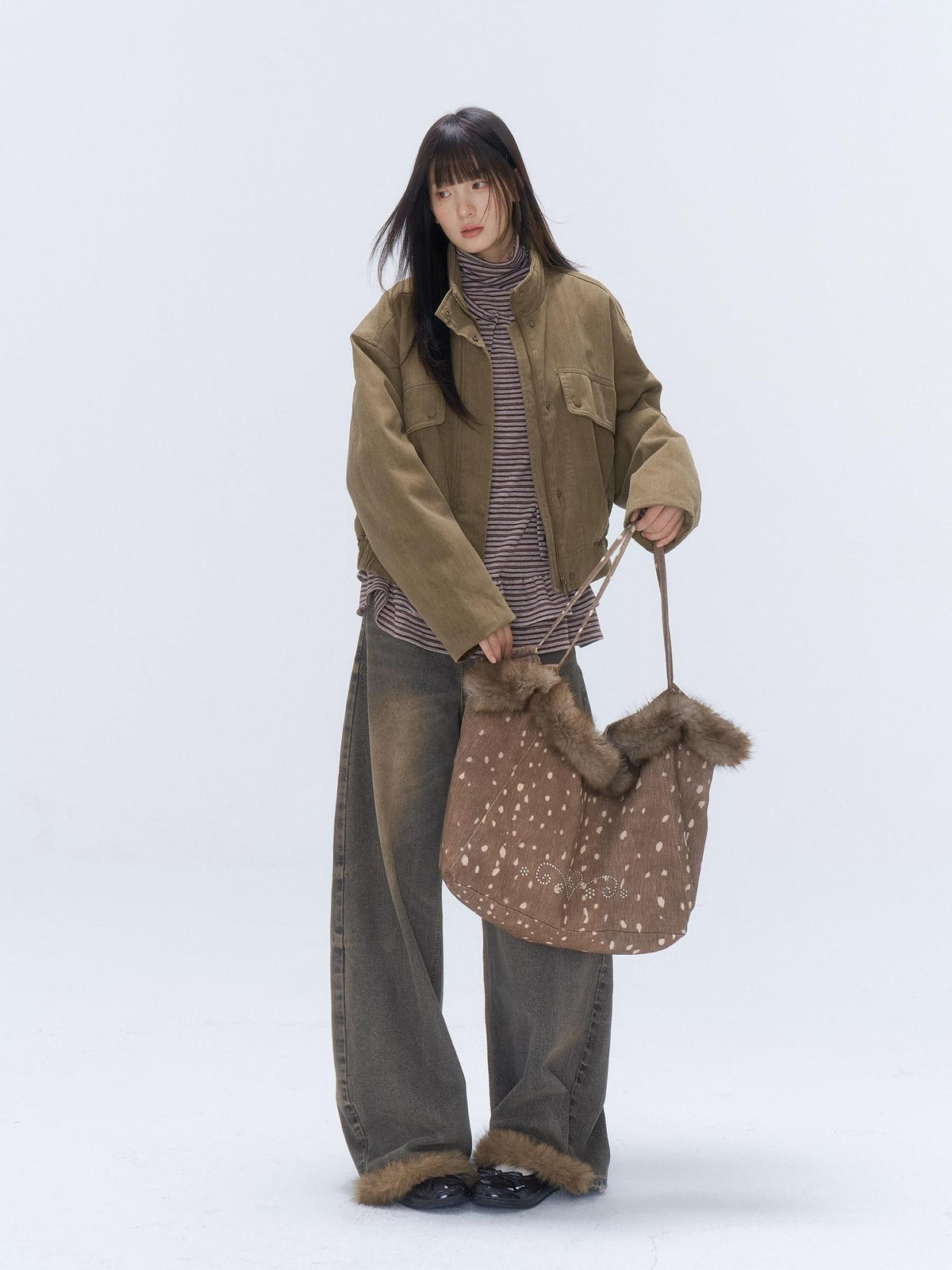 chaoschaos Vintage Distressed Utility Stand Collar Zip Up Women&