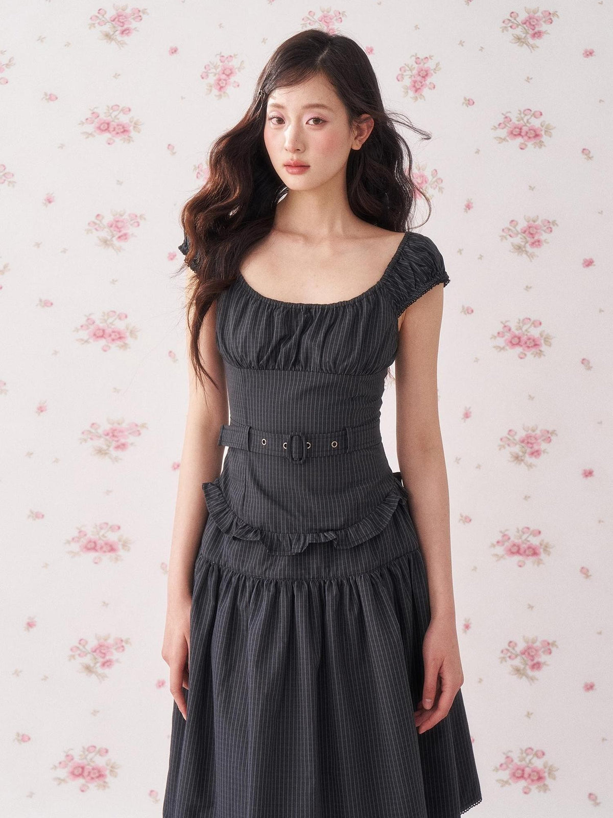 chaoschaos Vintage Floral Striped Cinched Waist Sleeveless A Line Women&
