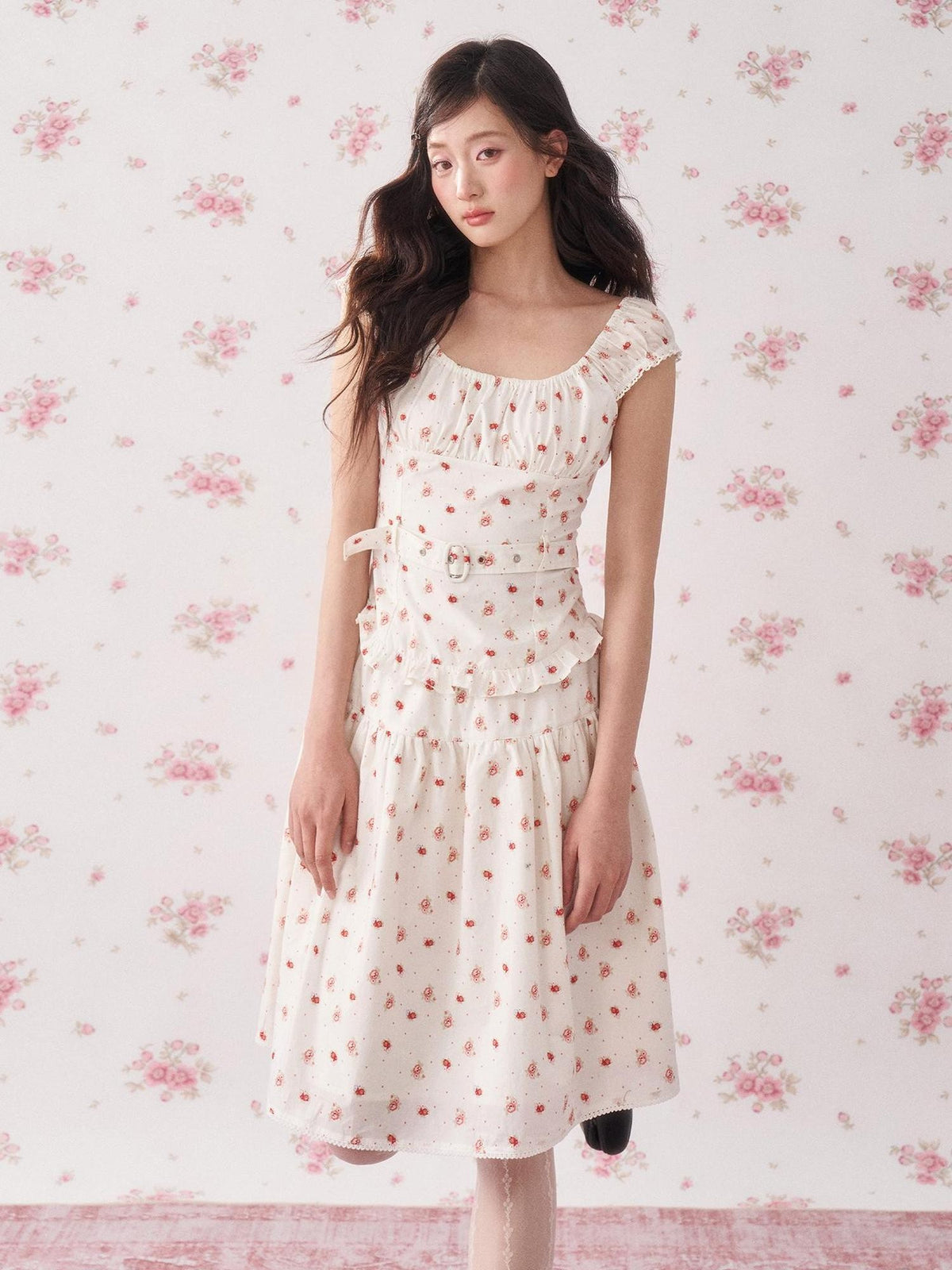 chaoschaos Vintage Floral Striped Cinched Waist Sleeveless A Line Women&