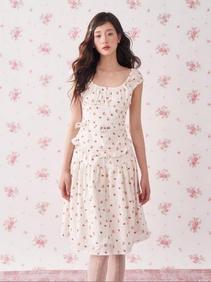 chaoschaos Vintage Floral Striped Cinched Waist Sleeveless A Line Women&