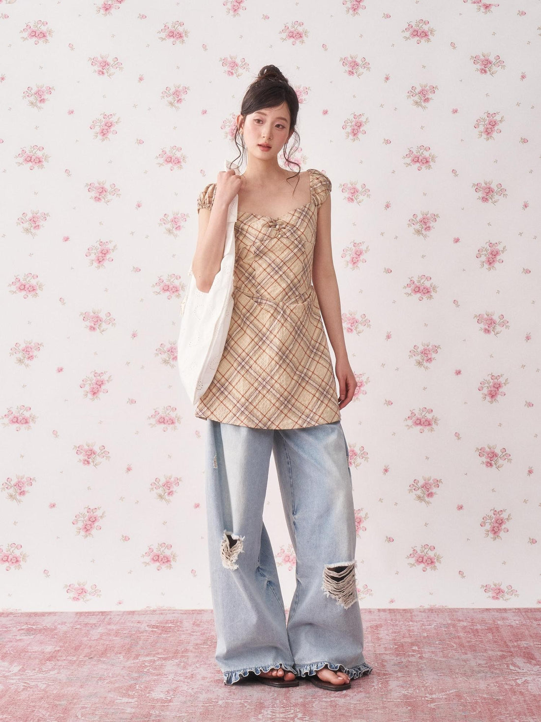 chaoschaos Vintage Plaid A Line Slim Waist Cotton Women&