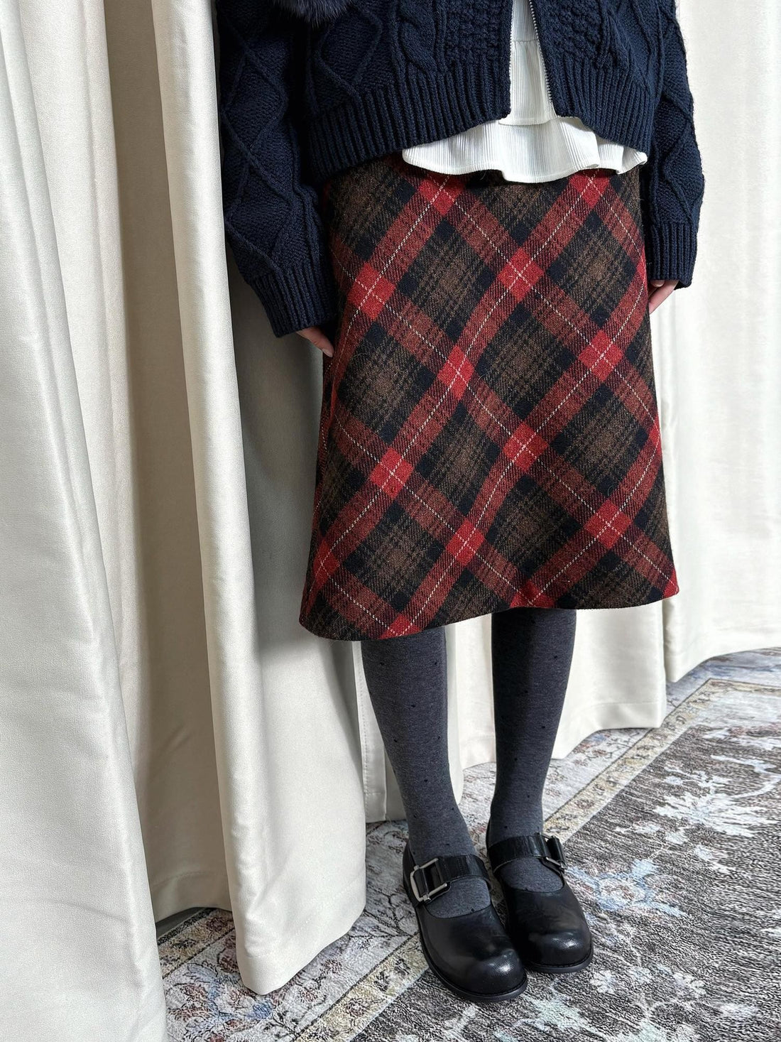 chaoschaos Vintage Red Plaid Wool Blend A Line Women&