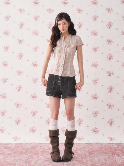 chaoschaos Vintage Ruffle Lace Floral Print Fitted Women&