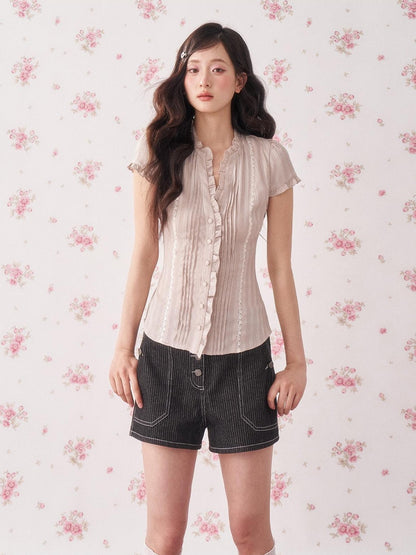 chaoschaos Vintage Ruffle Lace Floral Print Fitted Women&