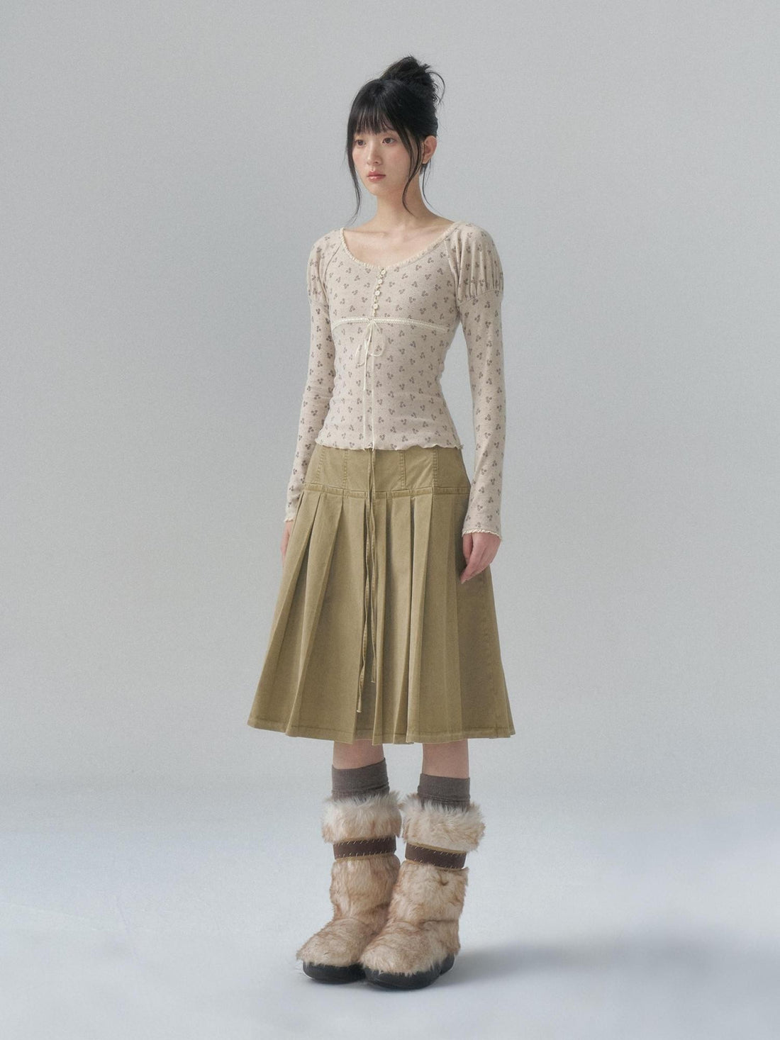 chaoschaos Washed Distressed Pleated A Line High Waist Cotton Women&