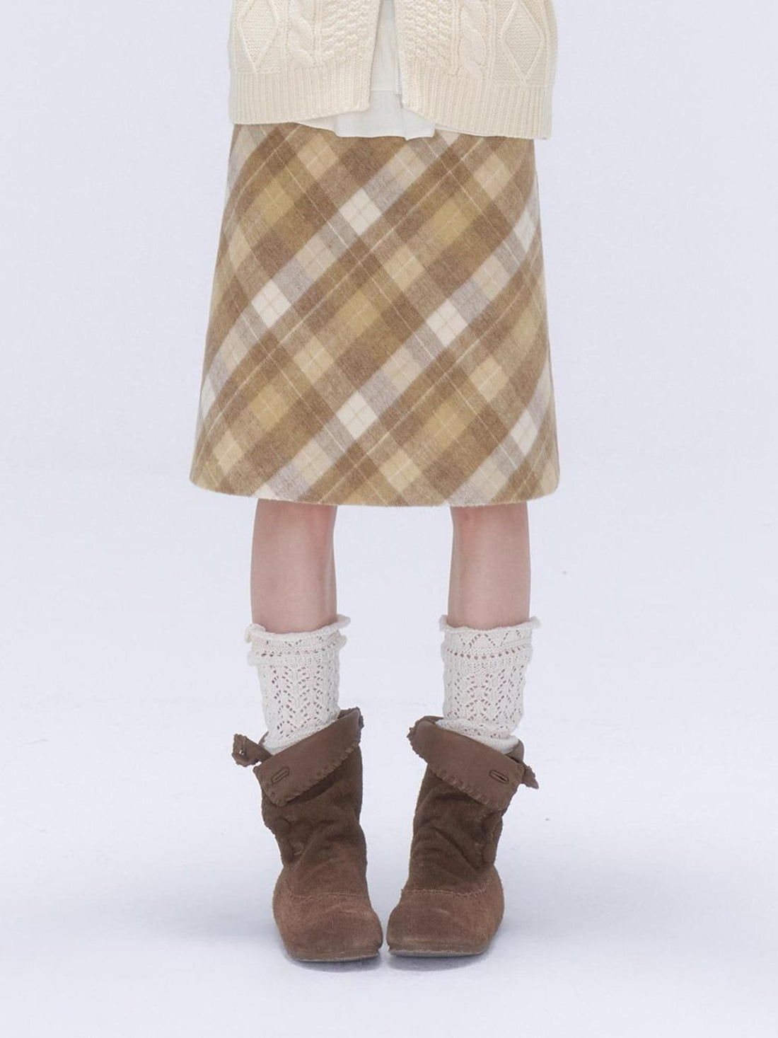 chaoschaos Yellow Plaid A Line Slim Fit Wool Blend Midi Skirts