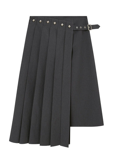 Asymmetric Pleated Skirt With Metal Studs