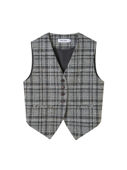 DIDDI MODA Handwoven Checkered Vest Asymmetrical Pleated Skirt Set