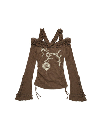 Vintage Reversible Off-Shoulder Bell Sleeve Knit T-Shirt