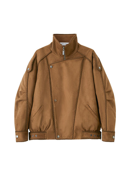 DIDDI MODA Vintage Suede Collar Layered Bomber Jacket