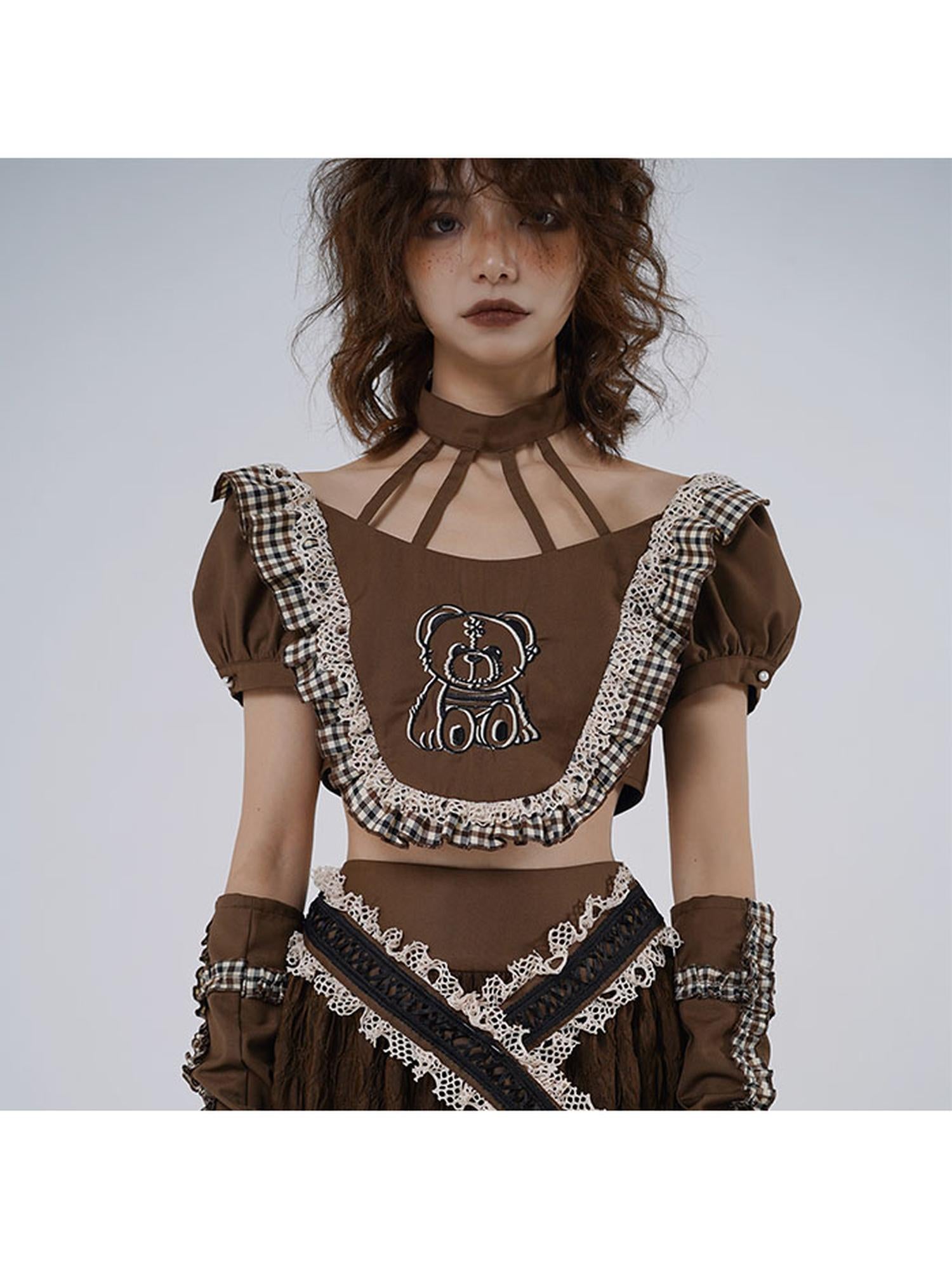 WSW WUSHENWU Gentle Earth Bear Embroidered Top