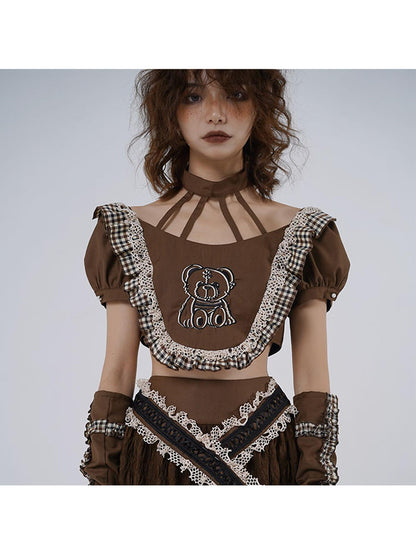 WSW WUSHENWU Gentle Earth Bear Embroidered Top