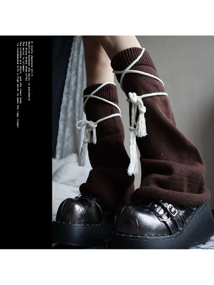 Brown Belt Leg Warmers Y2K Knit Sexy Fashion Unisex Subculture