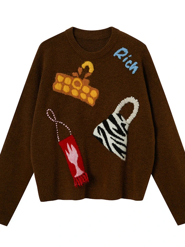 Fun Colorful Bag Embroidered Knit Sweater