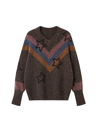 Retro Star V Neck Colorblock Knit Sweater