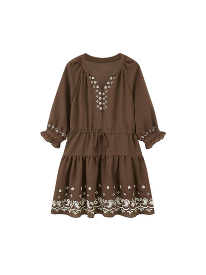 DIDDI MODA Bohemian Print Drawstring Dress Lace Trim Pants Set