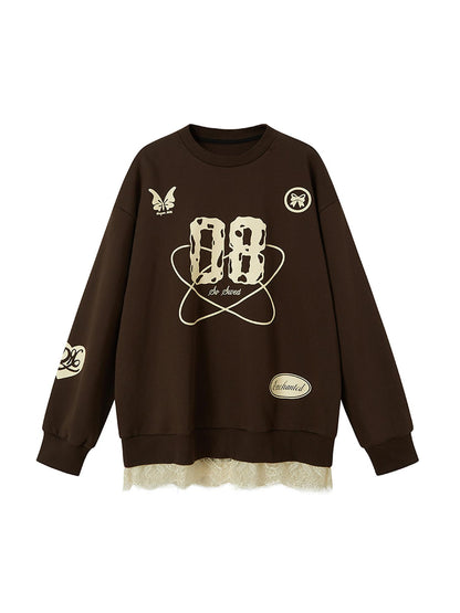 DIDDI MODA Sporty Bow Patch Colorblock Set Graphic Lace Trim Hoodie