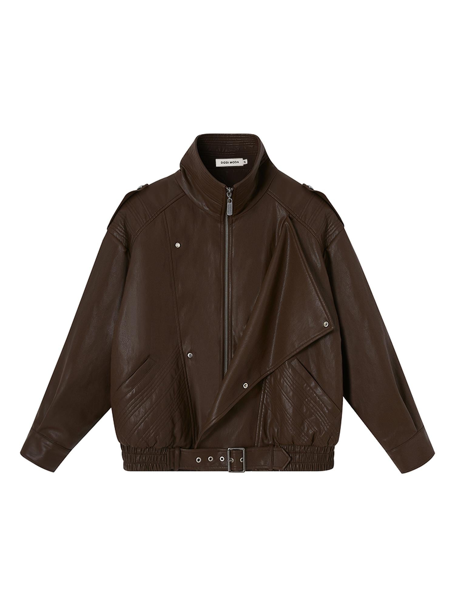 DIDDI MODA Oversized Retro Pu Leather Jacket With Quilted Detailing