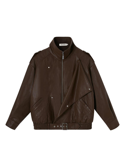DIDDI MODA Oversized Retro Pu Leather Jacket With Quilted Detailing