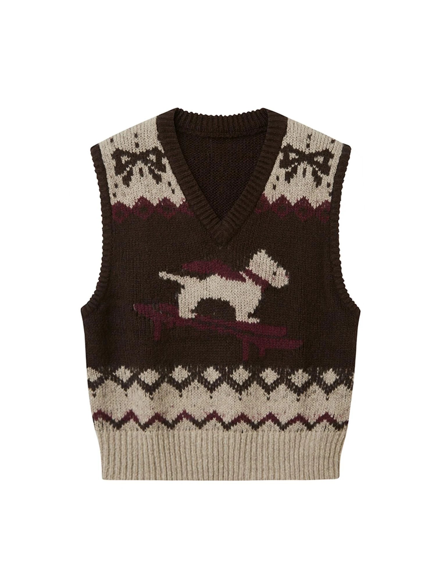 Fair Isle Ski Dog V Neck Knit Vest