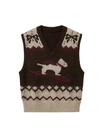 Fair Isle Ski Dog V Neck Knit Vest