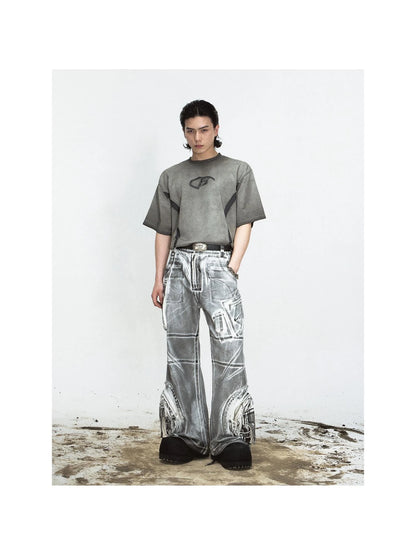 Vintage Wash Loose Fit Wide Leg Denim Jeans Elastic Cotton Casual Pants