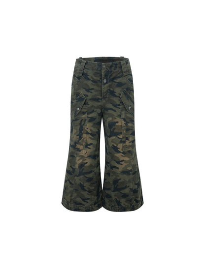 DoublePunch Vintage Camo Cargo Capri Pants Low Rise Distressed Wide Leg Trousers