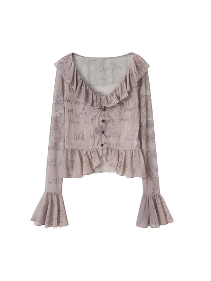 DIDDI MODA Sweet Edge Graffiti Mesh Cardigan