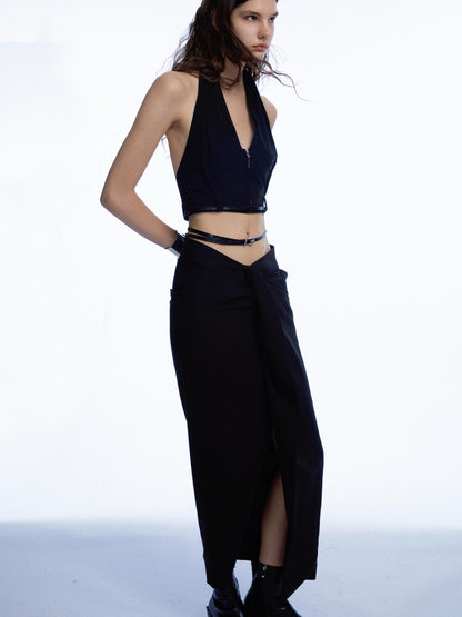 commonce.net Adjustable Belted Asymmetrical Slit Maxi Skirt