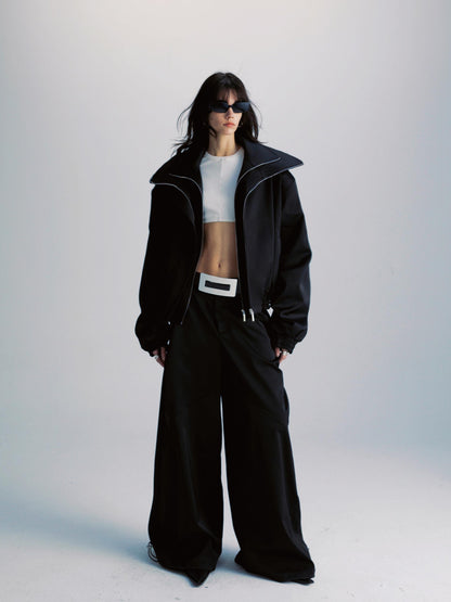 commonce.net Double Zipper Oversized Drawstring Jacket