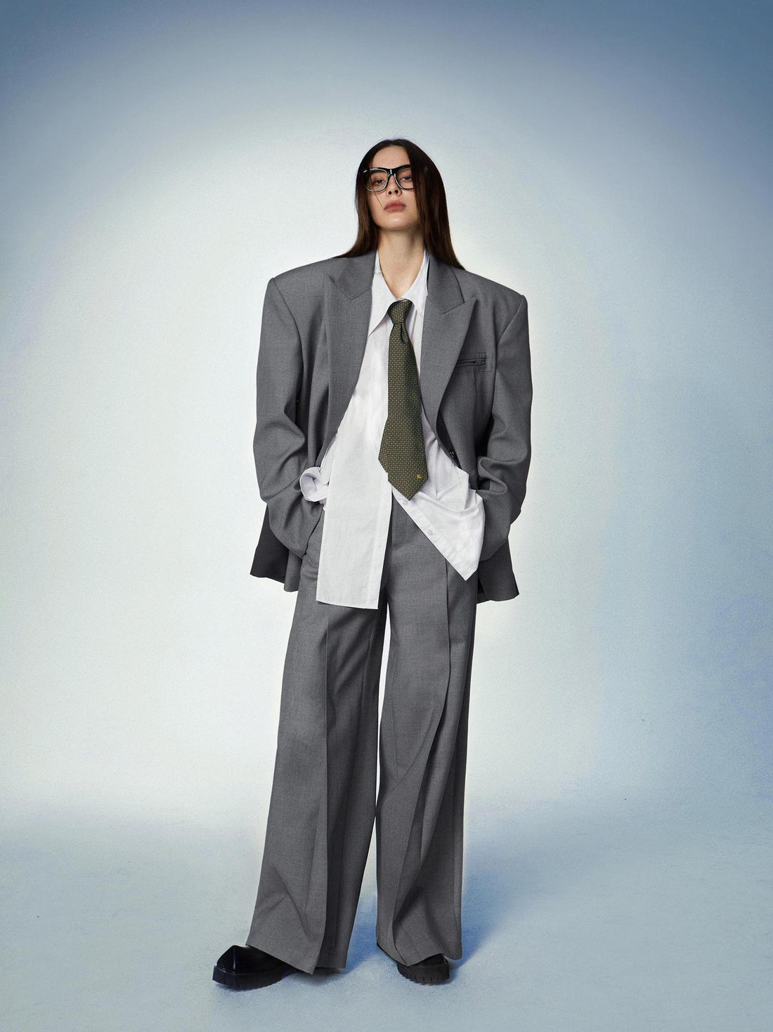 commonce.net Gray Double Waist Pleated Wide Leg Trousers