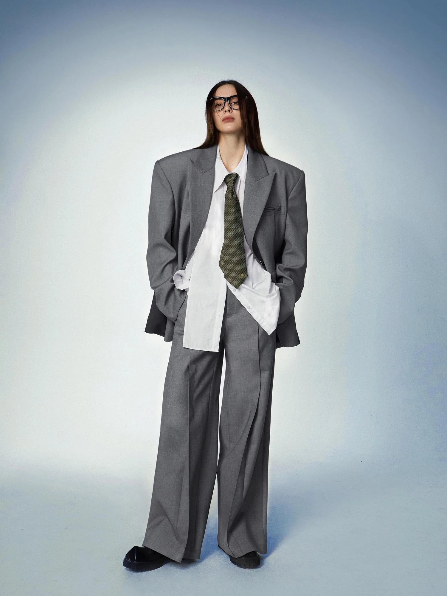 Gray Double Waist Pleated Wide Leg Trousers