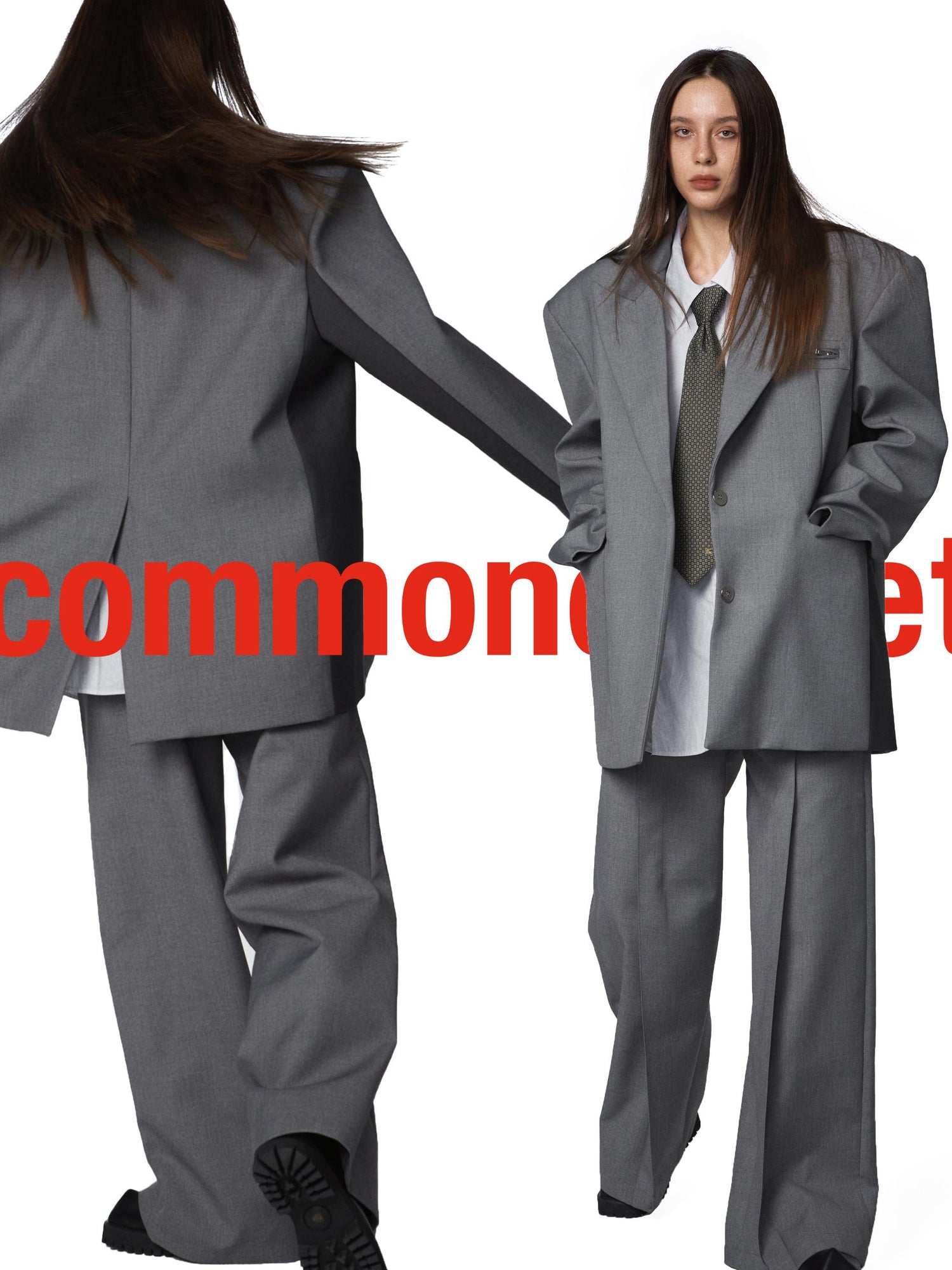 commonce.net Gray Double Waist Pleated Wide Leg Trousers